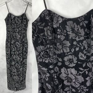 Vintage Jessica McClintock Gunne Sax Metallic Floral Slip Midi Dress Black XS